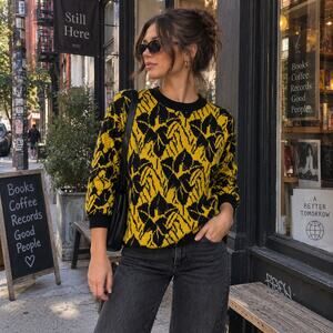 Sz M Oversized Yellow & Black Floral Graphic Print Sweater Hipster Urbanwear